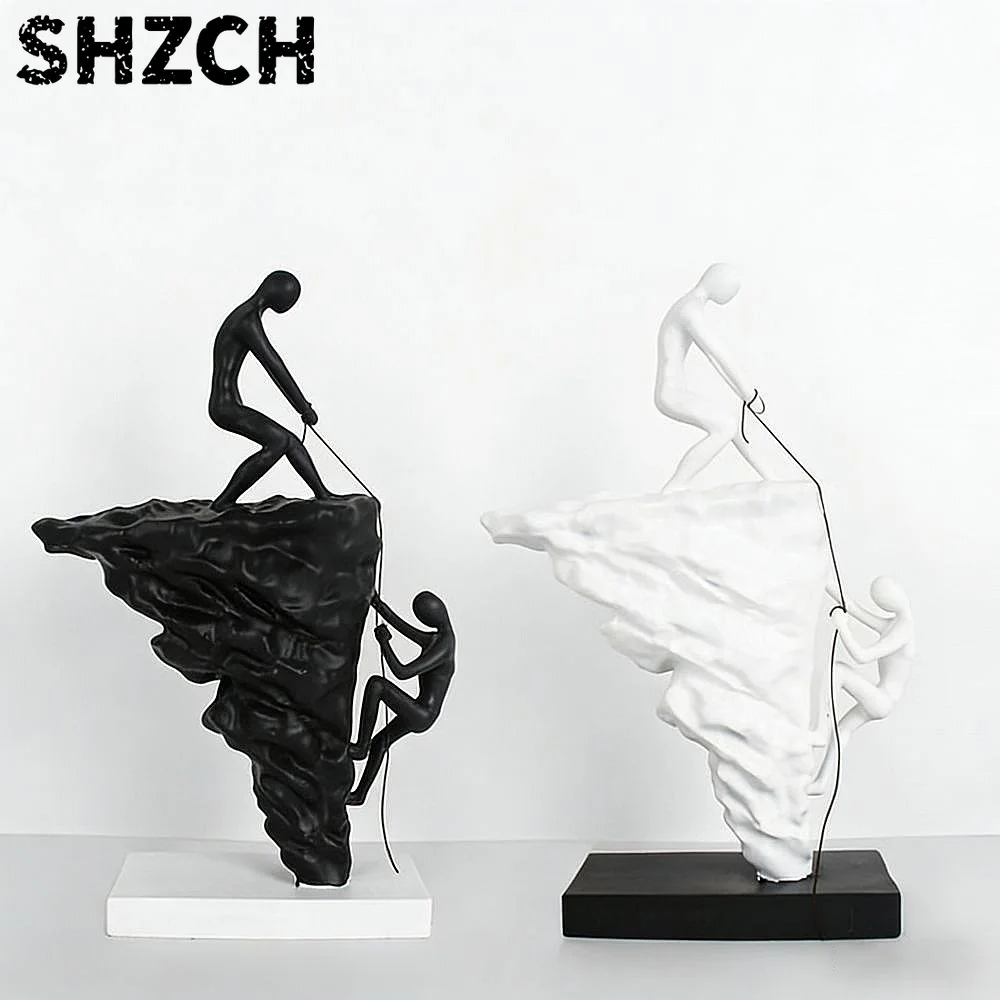 Modern Art Black White Climbing Man Resin Statue Office Desktop Ornament