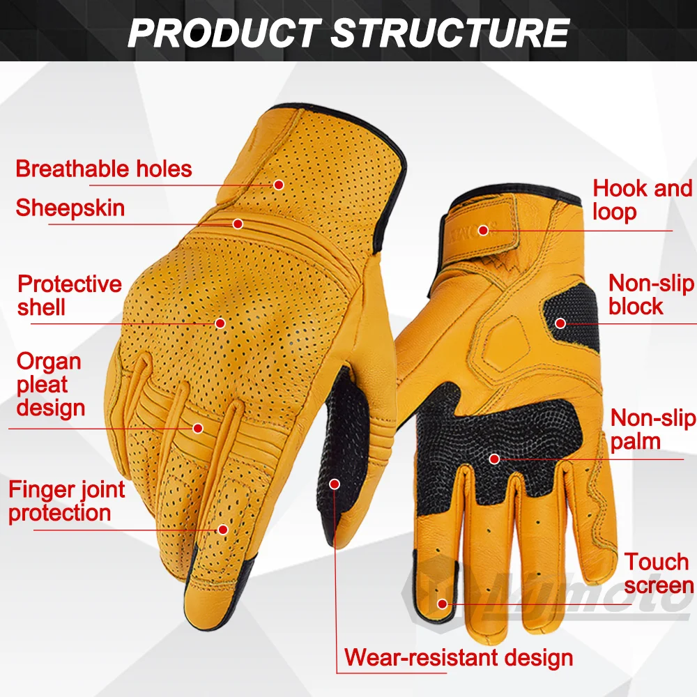 Gants de Moto Rétro en Cuir de Chèvre Jaune, Accessoire pour Écran Tactile, de Course de Motocross, Perforation d'Été Respirante