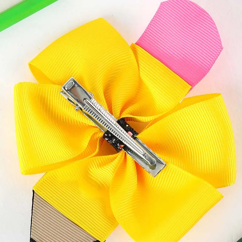 ncmama Back To School Pencil Ribbon Bow Hair Clips for Baby Girls Cute Solid Bowknote Hairpin Student Headwear Hair Accessories