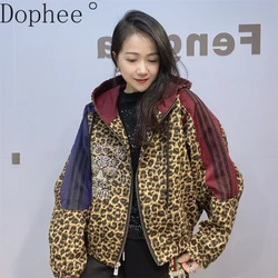 2024 New Fashion Colorblock Hot Drilling Leopard Jackets Women All-match Hooded Zip Cardigans Coat Streetwear Short Outwear