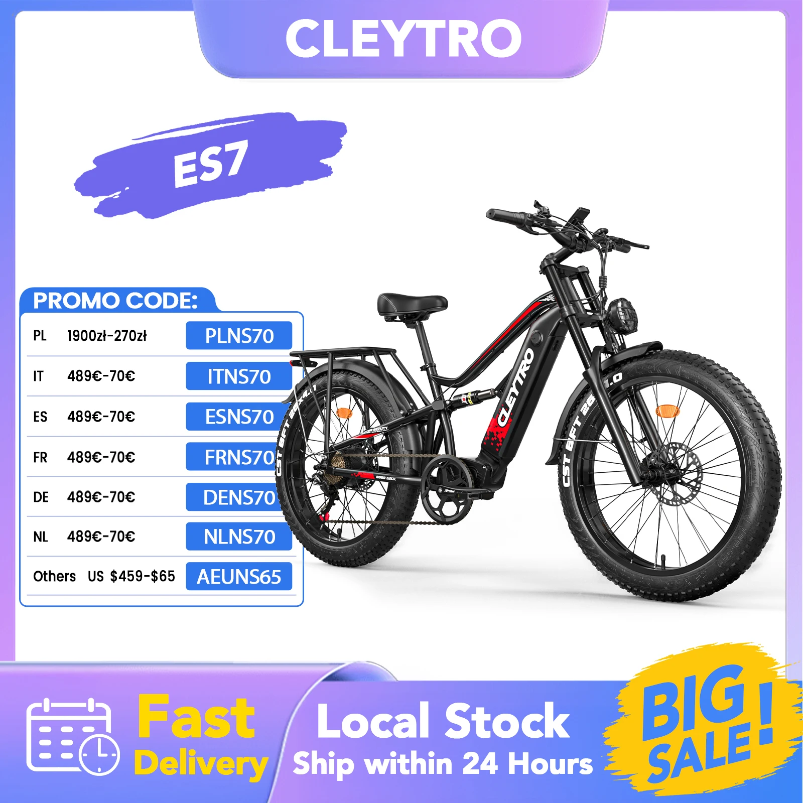 Image of CLEYTRO ES7 City-Elektrofahrrad 750W Motor 48V18Ah Batterie 90Km Reichweite 26"*4.0 Schneereifen E-Bike mit Vollfederung Hydraulische Bremse