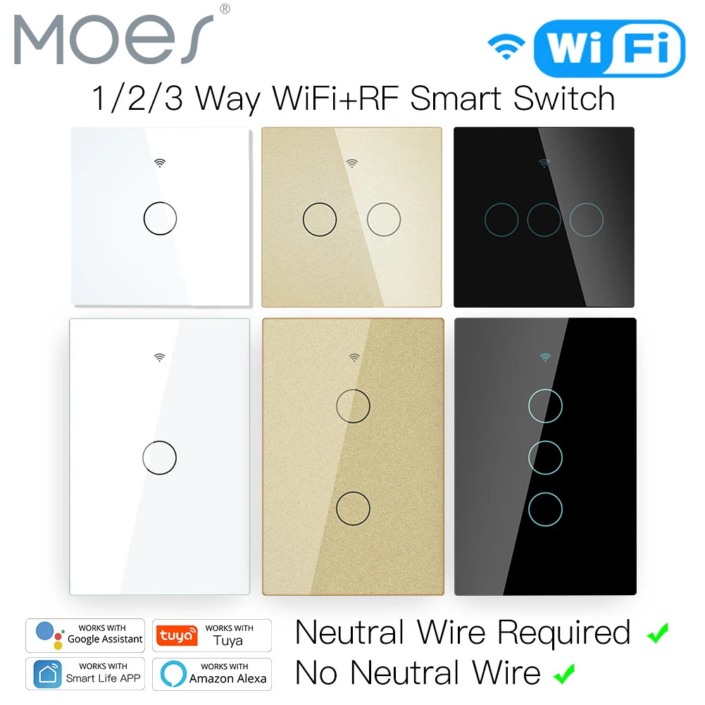 

MOES WiFi Smart Light Сенсорный переключатель без нейтрального провода Life Tuya Управление через приложение Alexa Google Home Совместимость 1/2/3 Gang EU US