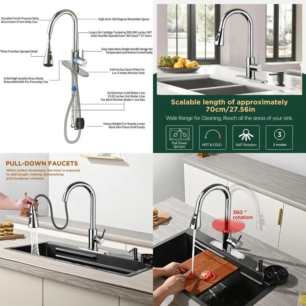 

Chrome Pull-Down Spray Kitchen Faucet, Stainless Steel, Single Handle, 1/3 Hole, Deck Plate, Ideal for Farmhouse, Camper, Laundr