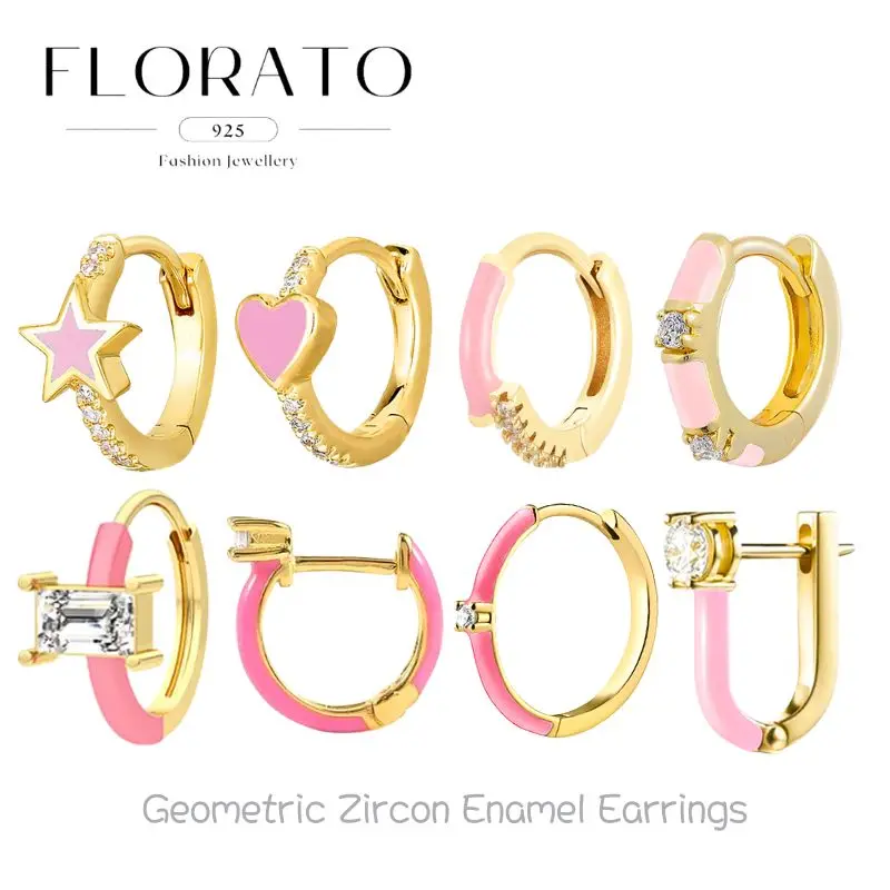 

Beach style 925 Silver Needle Geometric Zircon Enamel Hoop Earrings Pink Heart Cute Girls Earrings Fashion Party Jewelry Gifts