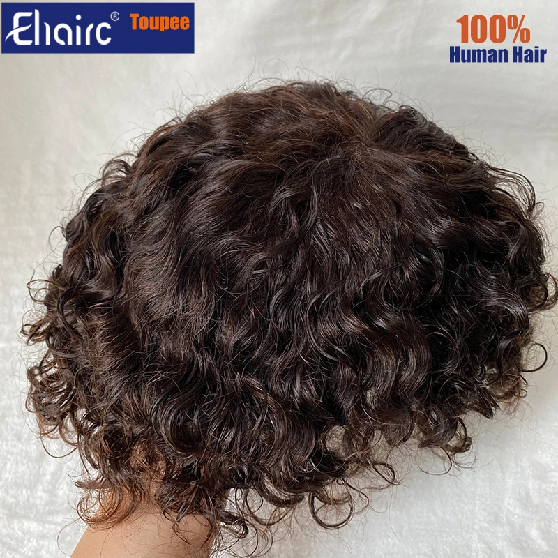 Brown Color Curly Toupee For Men Mono Hair System Unit for Men Durable Male Hair Prosthesis 100% Human Hair Men\'s Wig