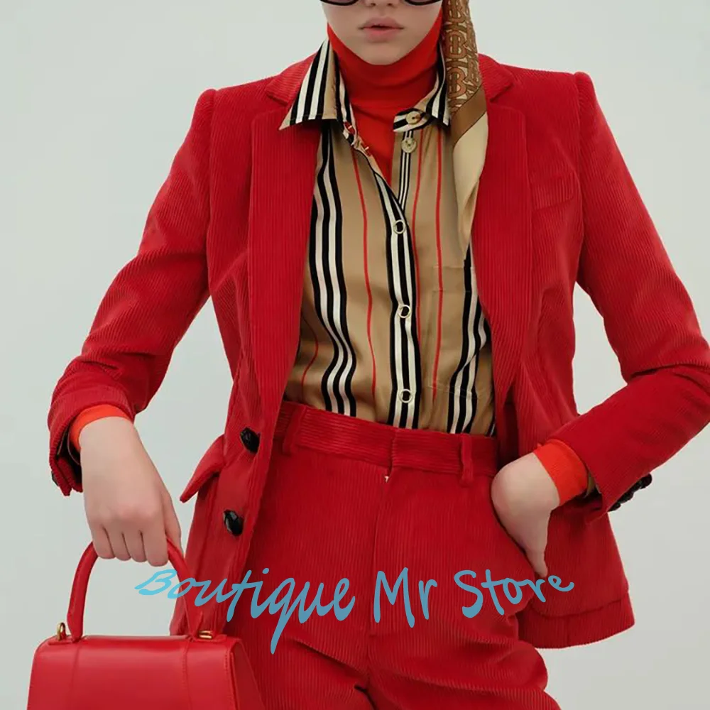 

Red Corduroy Woman Clothes Single Breasted Blazer & Pants Set for Casual Formal Office Party Streetwear Daily Fashion Outfit