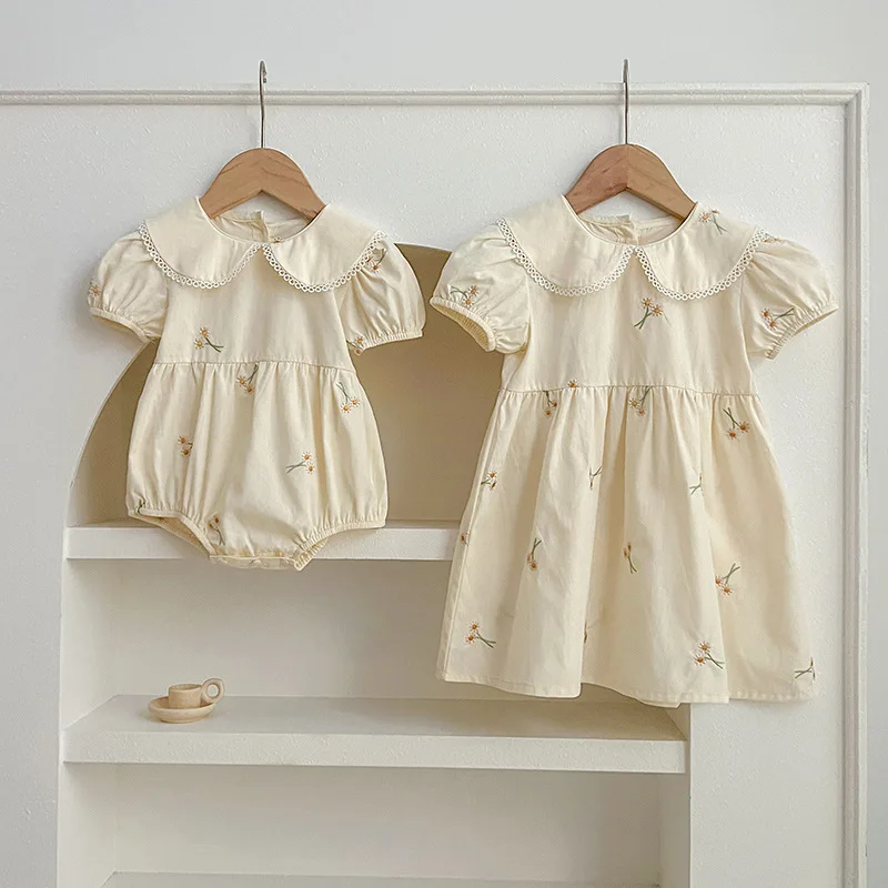 Short-sleeve Newborn Baby Kids Princess Romper Girls Embroidered Dresses for Children's Sister Family Matching Clothes Outfit