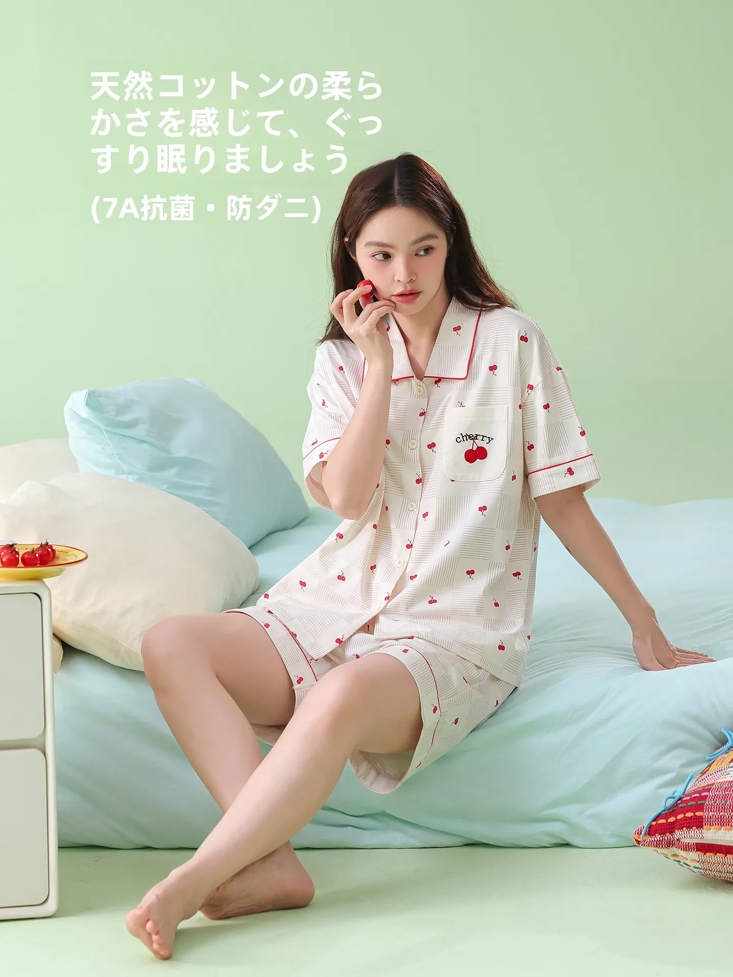 plus-size-women's-summer-sleepwear-cotton-cute-cherry-doll-collar-two-piece-set-comfortable-breathable-home-clothes-short-sleeve