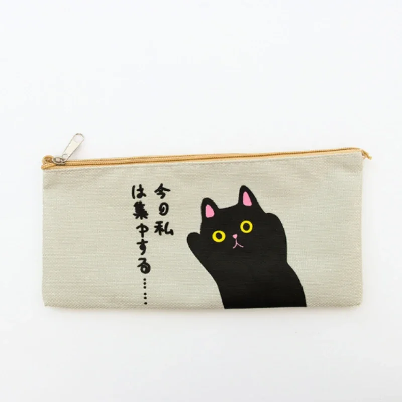 Cute Cartoon Cat Pencil Bag Canvas Pencil Case Student Stationery Pen Pencil Eraser Storage Bag Makeup Bag School Office Supply