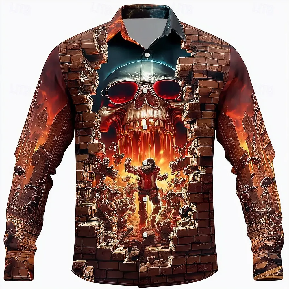 

Fashion Creative Style Long Sleeve Shirt For Men 3D Print Skull Graphic Button Lapel Single-Breasted Shirts Autumn Daily Clothes
