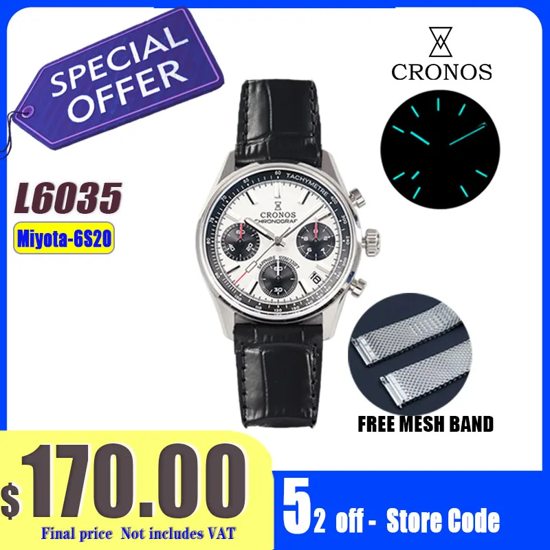 Cronos New Chronograph Quartz Men Watch Miyota 6S20 Black&White