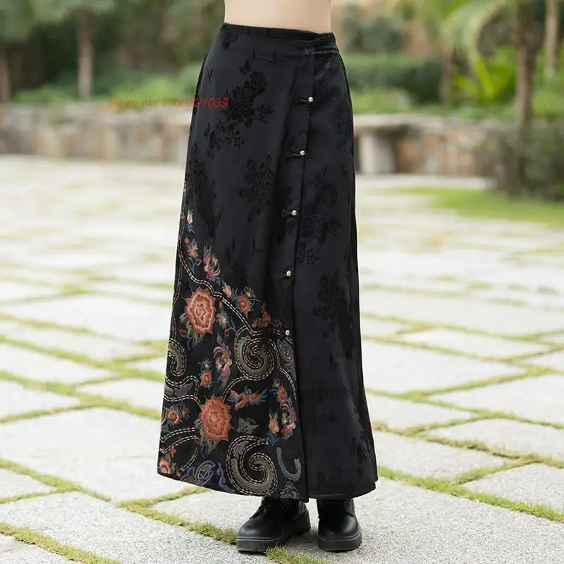 2025 chinese vintage skirt national flower embroidered traditional a-line skirt ethnic satin jacquard elastic waist folk skirt