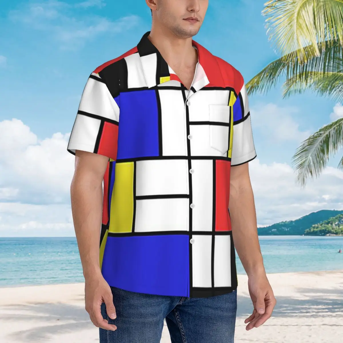 

Piet Mondrian De Stijl Hawaiian Shirts Fashion Men Short Sleeve Shirt for Summer Beach Men's Button Tops