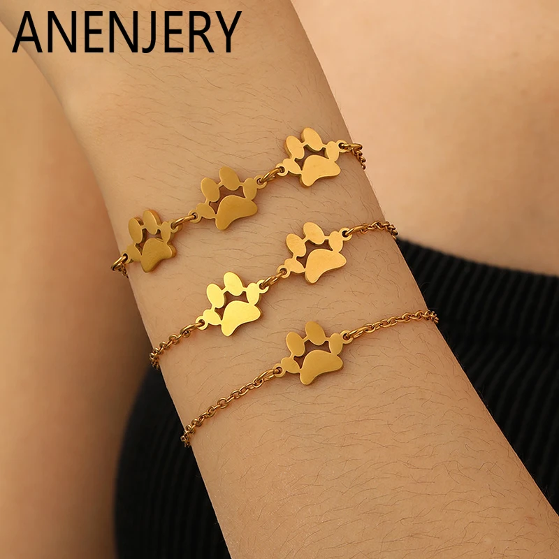 ANENJERY 316L Edelstahl Haustier Fußabdruck Armband für Frauen Mädchen Nette Nische Design Schmuck Geschenke Großhandel Zubehör