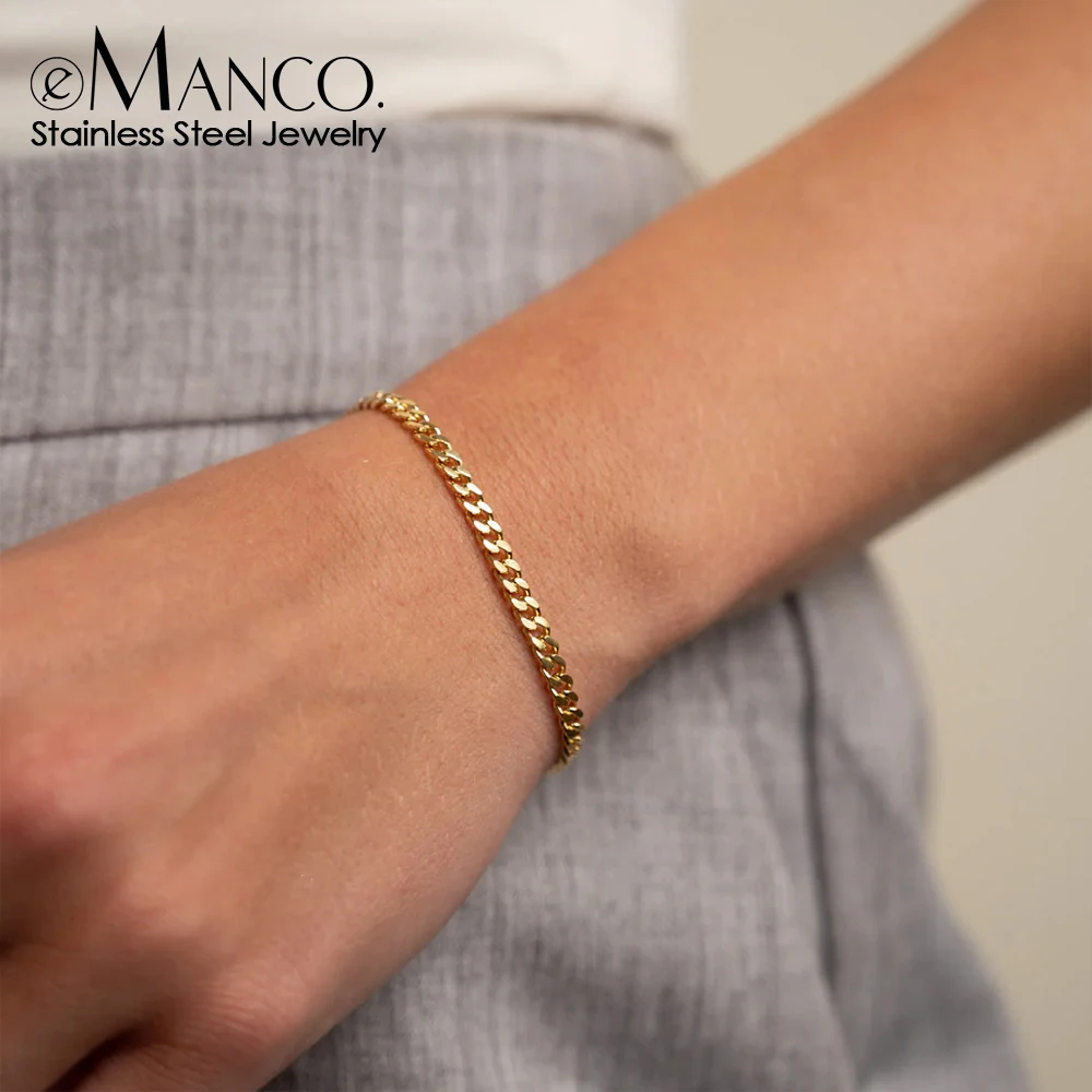 EMANCO  Stainless Steel Cuban Chain Gold-Plated Men's Bracelet Upgraded Lobster Clasp Adjustable Jewelry Factory Direct
