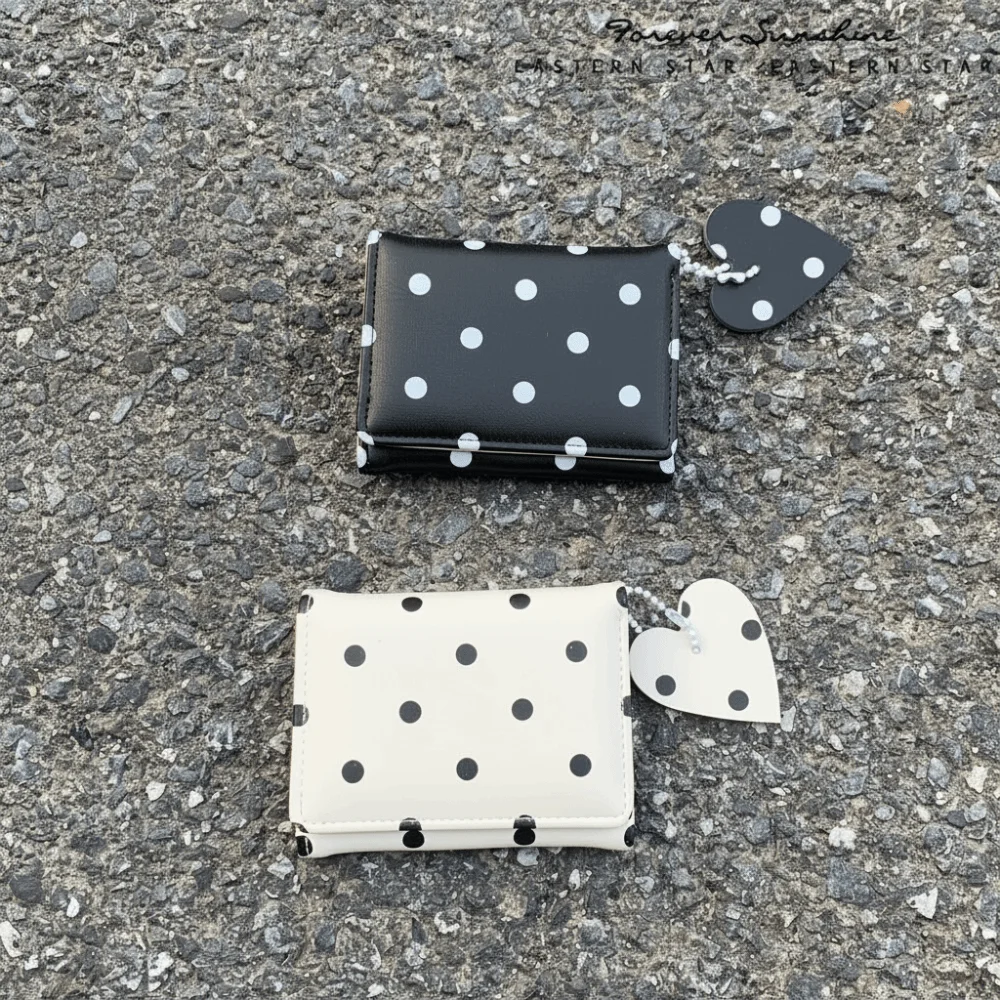 Large Capacity Polka Dot Short Wallet Foldable Lightweight Heart Pendant Wallet Button Closure Multi Card Slots