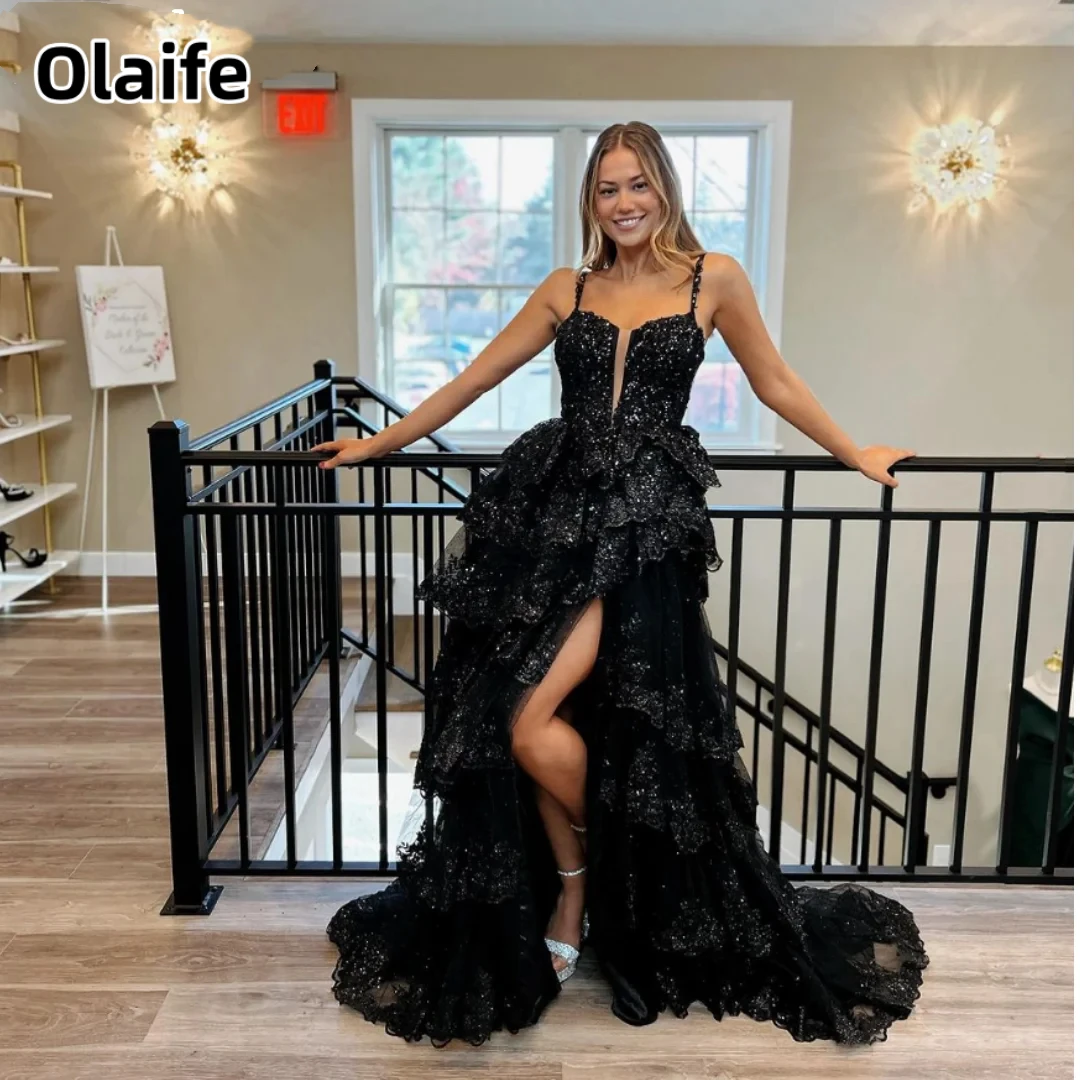 

Olaife Glitter Graduation Prom Dresses Tulle Corset Layered Tiered Sexy Side Slit Evening Dresses Long Sweep Party Dress