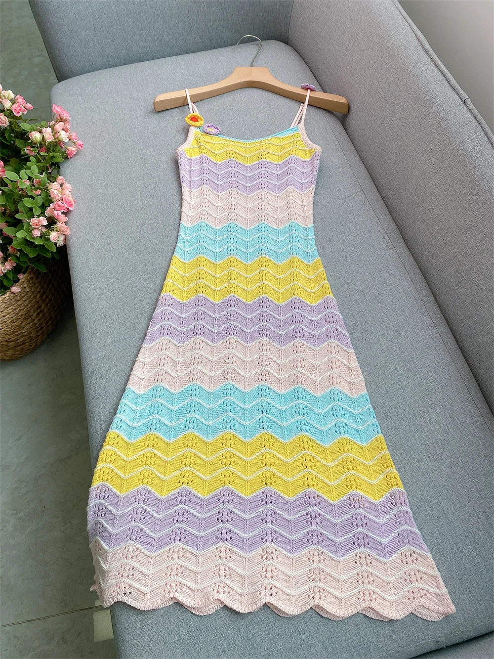 Women Crochet Colorful Bodycon Knit Dress Sleeveless Rainbow Stripe Knit Dress with Floral Shoulder Detail