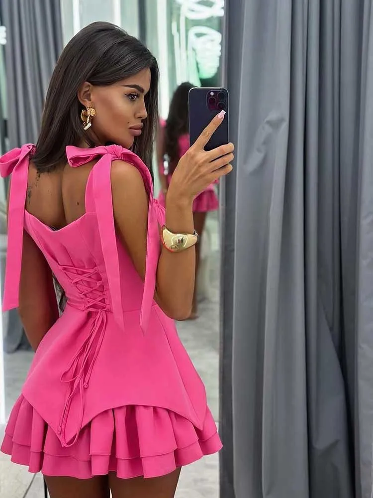 Robe d'été courte pour femmes, taille haute, bretelles avec nœud, col Slash, Sexy, élégante et belle, vente en gros, livraison directe