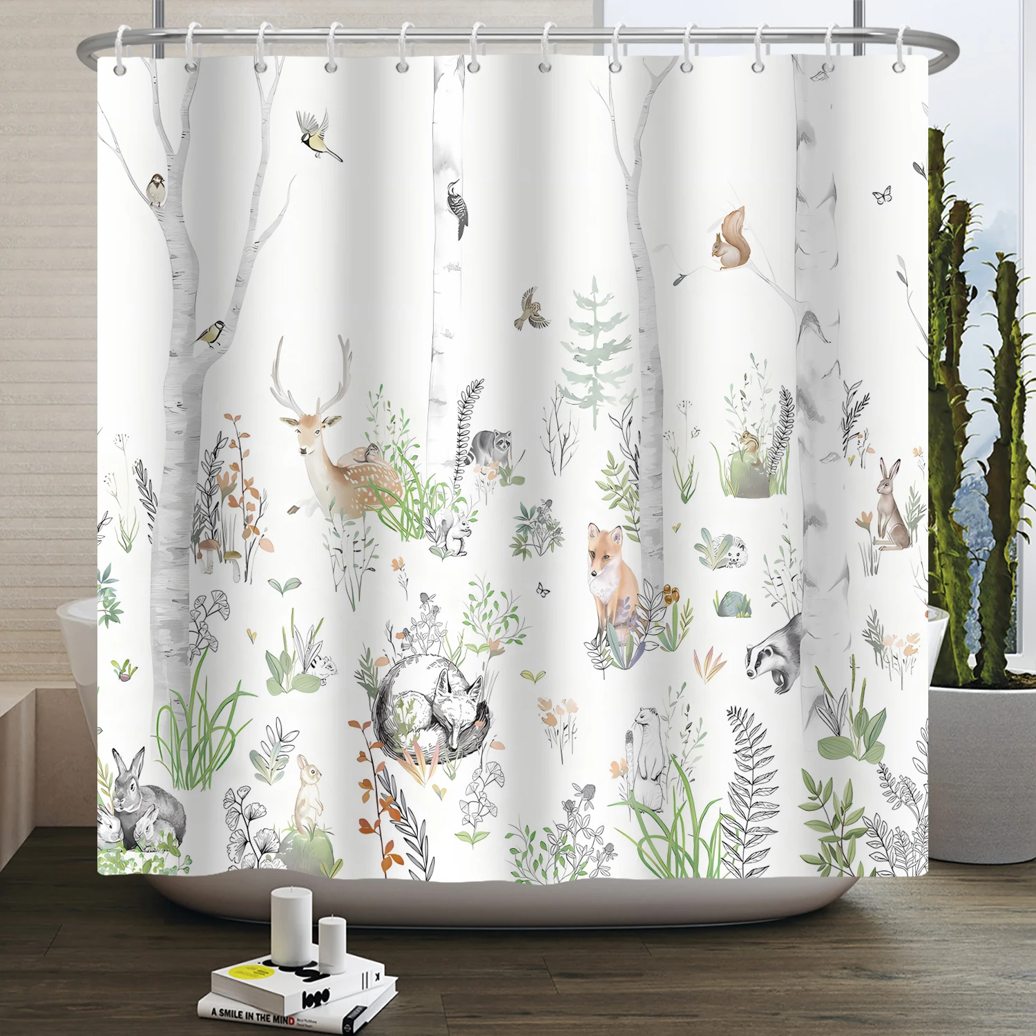 Rlsgjlkjk Forest Animals Shower Curtain jungle Trees Plant Wildlife Bird Bear Fox Deer Modern Minimalist Bathroom Shower Curtain