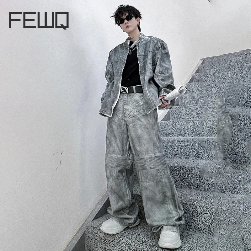 FEWQ Men\'s Spray Painted Suit 2024 Autumn Chic Stand Collar Pleated Design Long Sleeve Jacket High Street Wide Leg Pants 28W4524