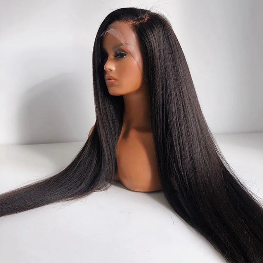 Soft Preplucked Deep Middle Part Glueless Yaki 26 Inch Long Kinky Straight Lace Front Wig For Women Babyhair Natural Black Daily