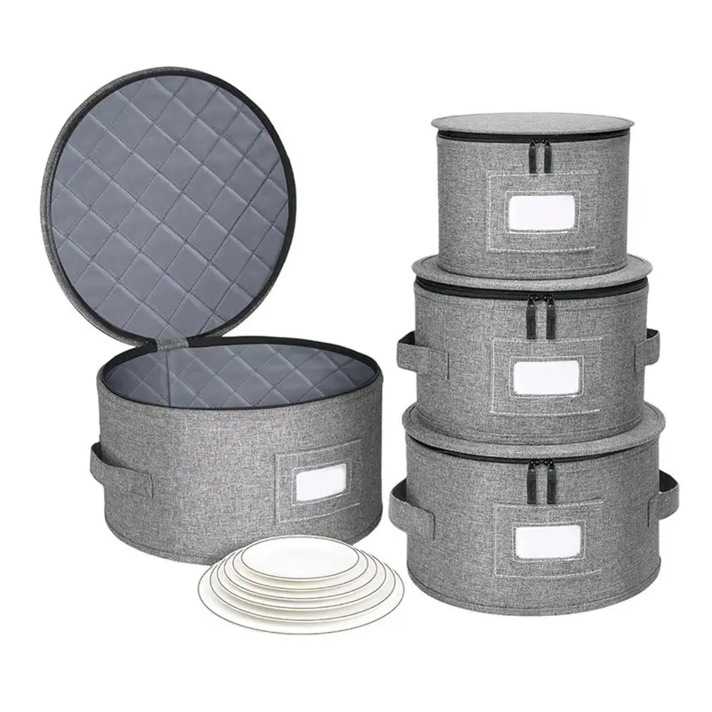 Dish Storage Container Hard Shell Top& Bottom, Felt Dividers& Side Support For China For Plates Dinnerware