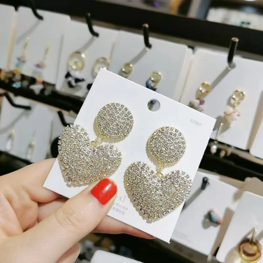 Full Diamond Full Diamond Heart Earring Sweet Elegant French Earrings New Trendy Design Fresh Earrings Accessories Daily Life
