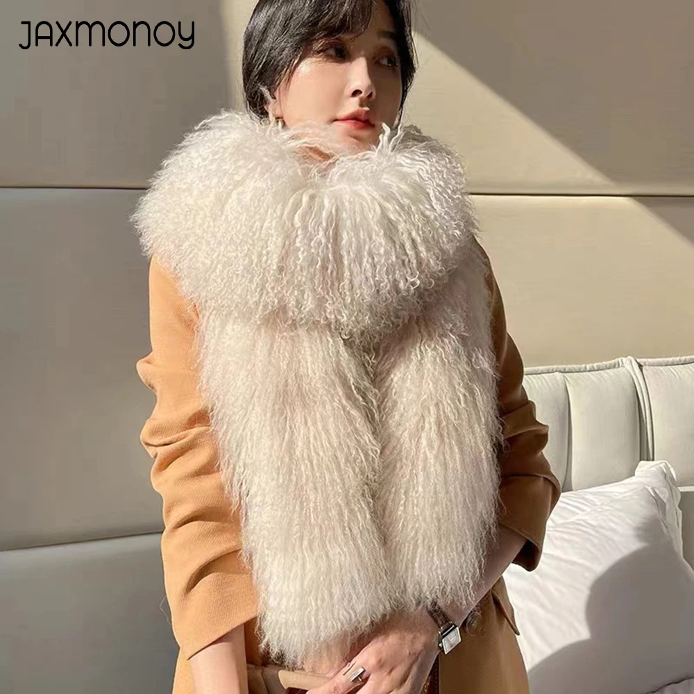 Jaxmonoy Mongolian Fur Coat Women Natural Fur Scarf Autumn Winter Ladies Fashion Luxury Sheep Fur Shawl Female 2023 New Style