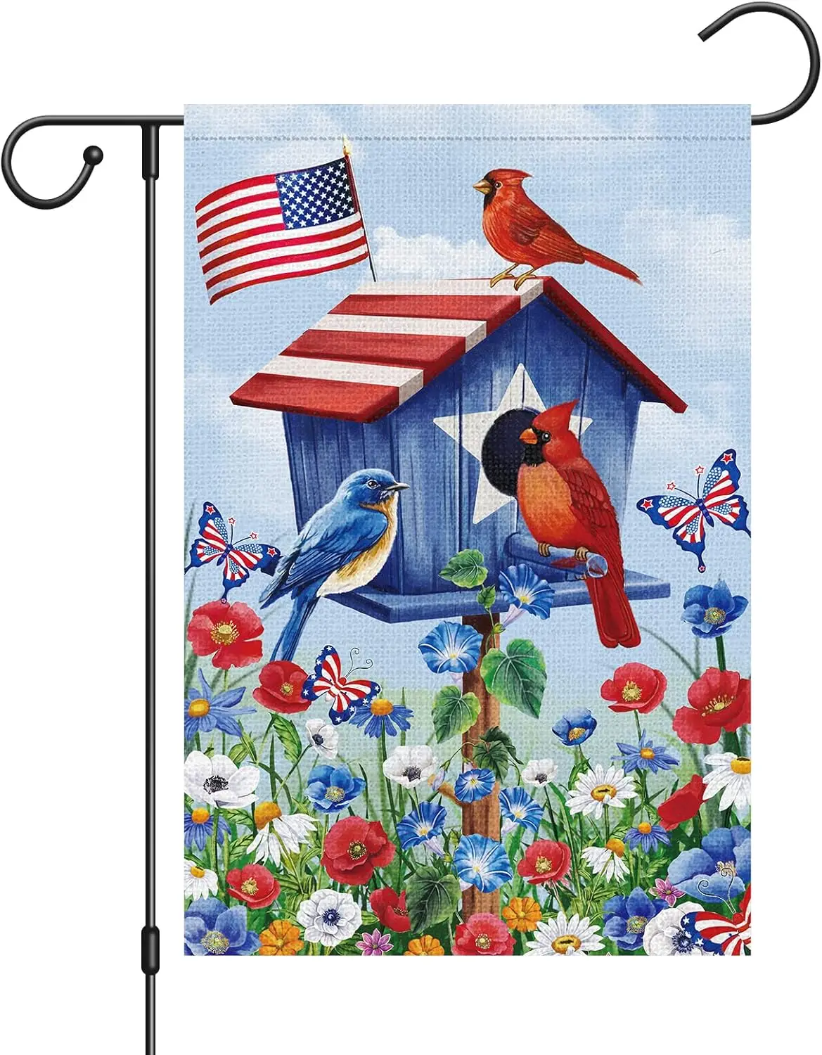 Louise Maelys 4th of July Birdhouse Garden Flag 12x18 Double Sided, Small Burlap Patriotic Floral Cardinal Bird Yard House f uui