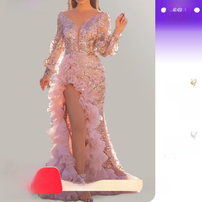 

Сексуальное длинное тюлевое свадебное платье 2023, новая независимая станция, розовые бусины с высокой талией, кружевная ткань, женская мода