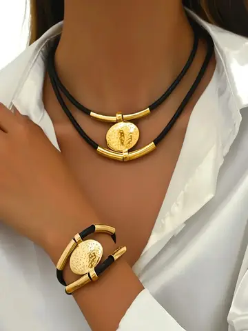 Vintage Oval Metal Faux Leather Necklace Bracelet For Women Fashion Gold Silver Color 2Pcs/Set Double Layered Chain Jewelry Sets