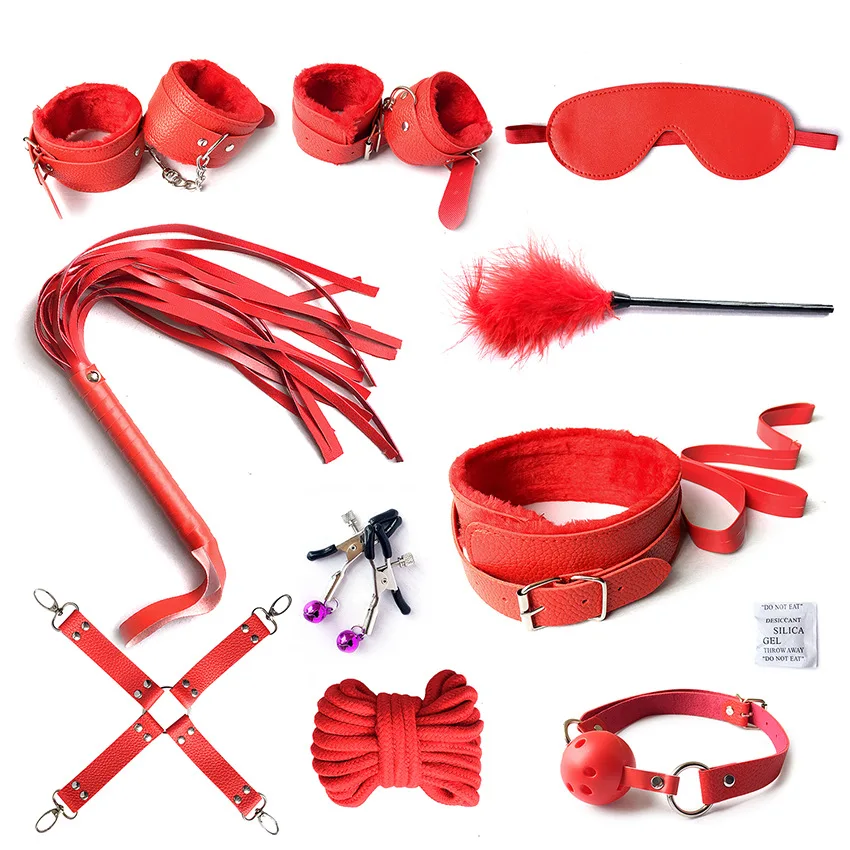 10pcs BDSM Leather Kits Sex Bondage Set Collar Handcuffs Gag Whip Nipple Rope Clamps Erotic Sex Toys for Women Couples Adult