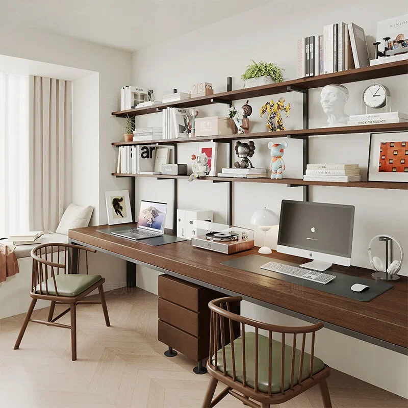 Solid wood double desk bookshelf home office long desk writing large computer desk bookcase integrated