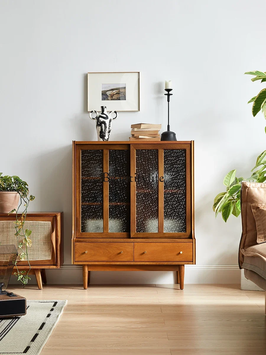 Retro side cabinet solid wood small daisy glass medieval furniture