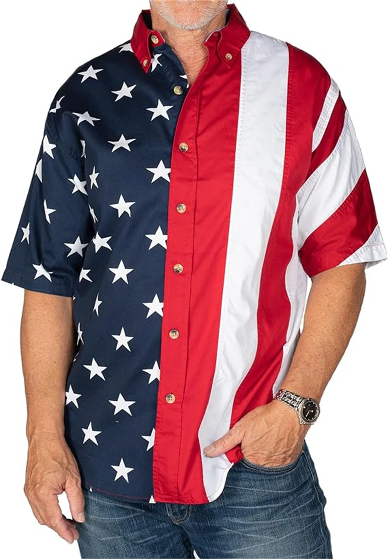 Vintage USA Flag 3D Graphic Shirts Mens Personality American Flags Print Button Short Sleeve Daily Party Hawaii Beach Shirt