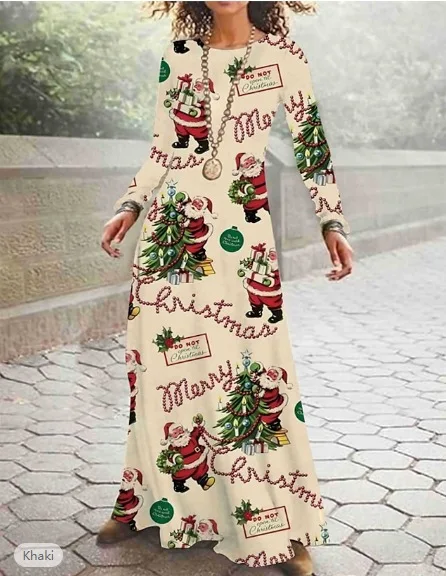 

Loose Pullover Dress 2024 Christmas Snowflake Print Long Sleeve Autumn Dress for Women Robe