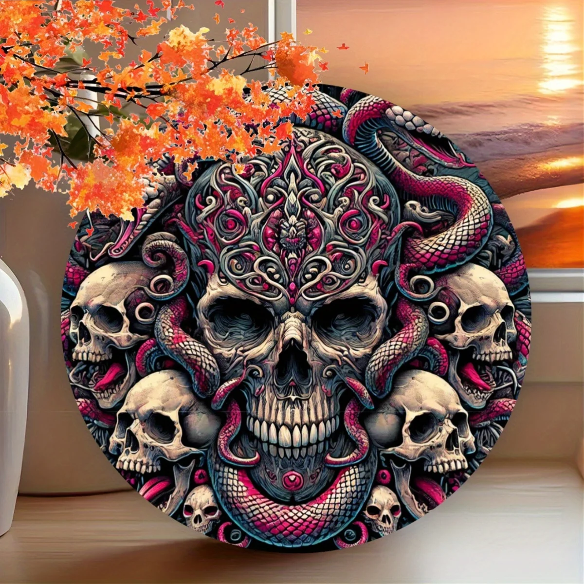 2D Flat, 2D Flat Skull and Snake Pattern 7,8 Zoll rundes Holzschild – geeignet für Zuhause, Küche, Garten, Garage, Veranda, Wohnen