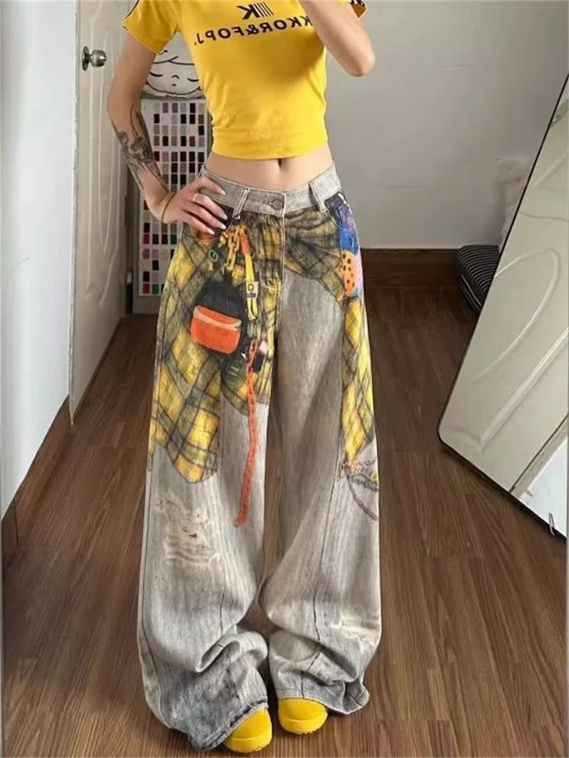 American Retro Washed Plaid Pattern Painted Design Jeans For Women In Summer High Street, Loose and Slimming, Floor Length Pants