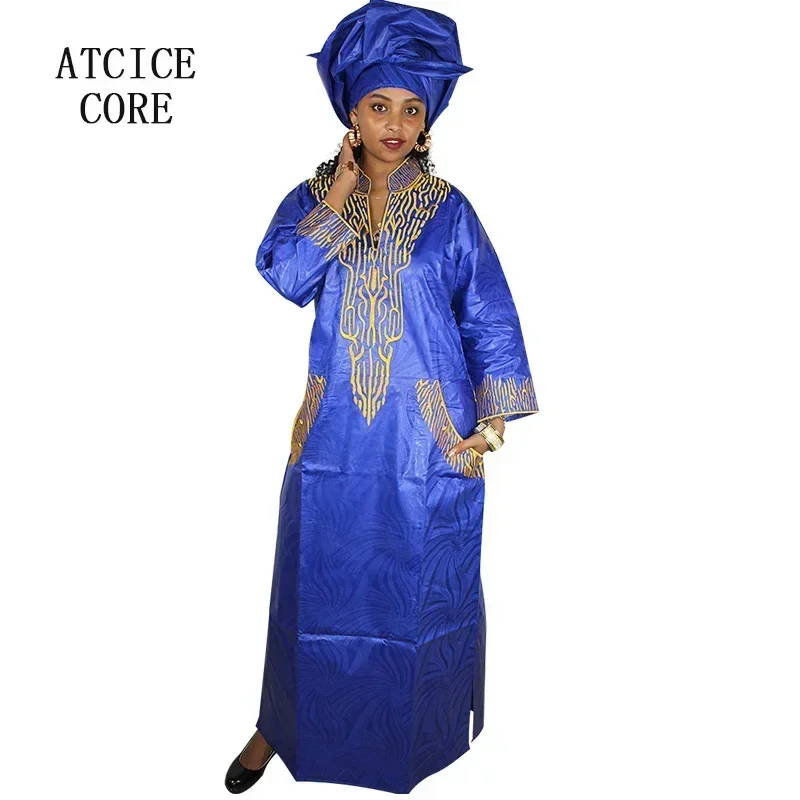 African Dresses For Women Fashion Design New African Bazin Embroidery Design Dress Long Dress With Pocket With Scarf