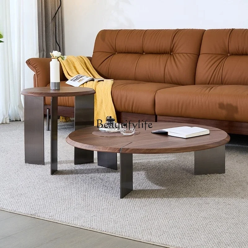 

yj32 Light luxury high-end round coffee table living room household stainless steel high and low combination Italian minimalist
