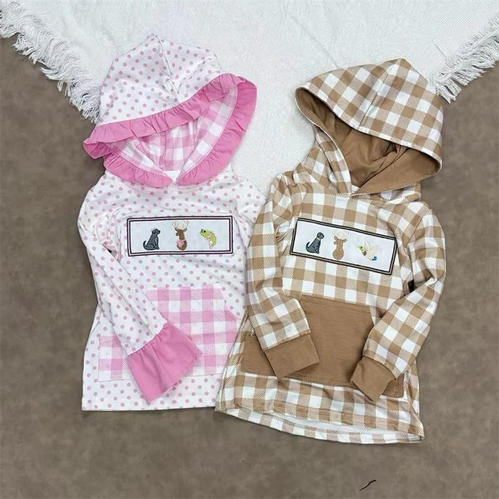 

z814 BT1285 Wholesale Summer Matching kids clothes boys Embroidered hooded Long-Sleeved top Boutique Children baby boy clothes