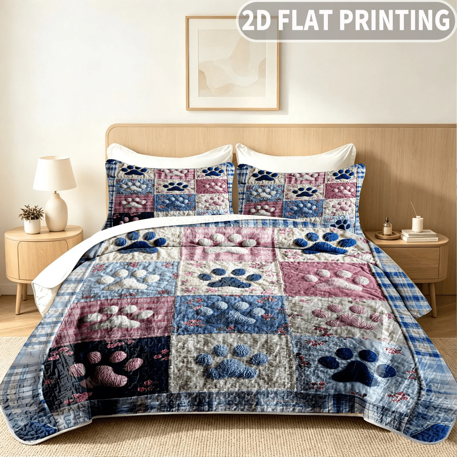 3pcs Quilted Durable Quilt Cover (1pc Quilt Bedspread + 2pcs Pillowcases Excluding Pillow Inserts), Colorful Paw Print Designs