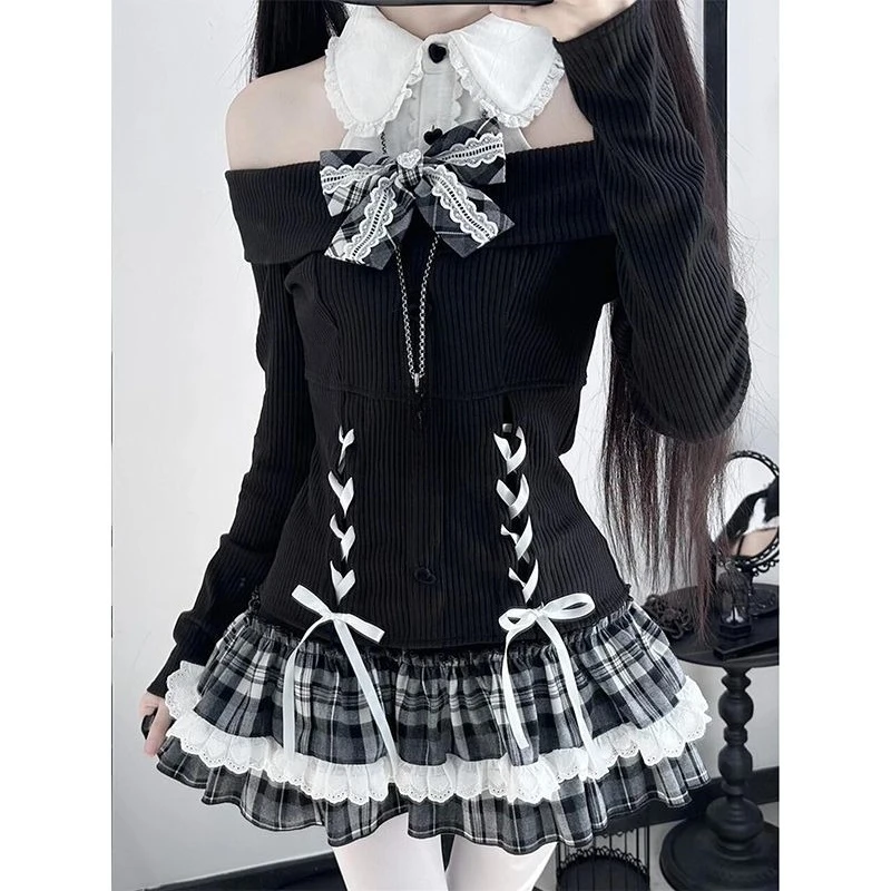 かわいい日本の秋のセーター + ショートスカート ツーピース スラッシュネック ニット ジャンパー Y2K ヴィンテージ サブカルチャー パンク ガール服