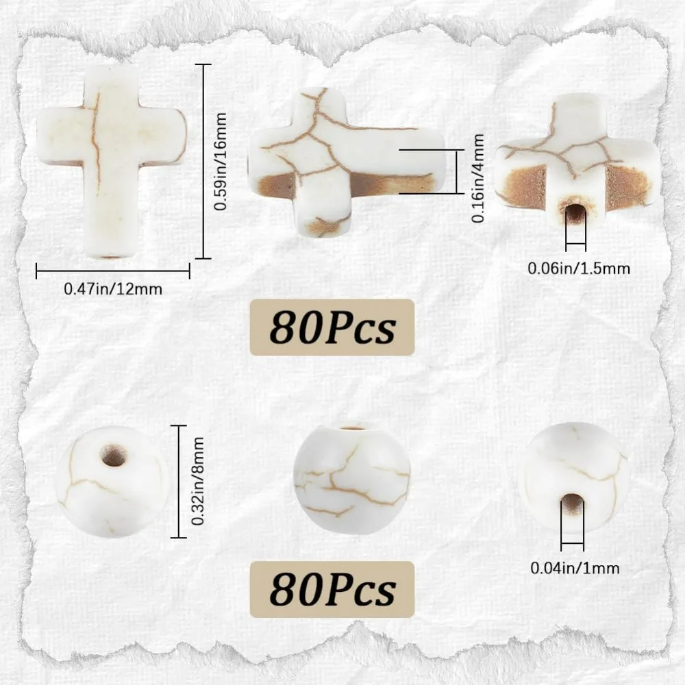 1 коробка, 160 шт., бусины с белым крестом, 8 мм, круглые свободные бусины-разделители, объемные 16x12 мм, мини-маленькие синтетические бирюзовые каменные крестовые бусины
