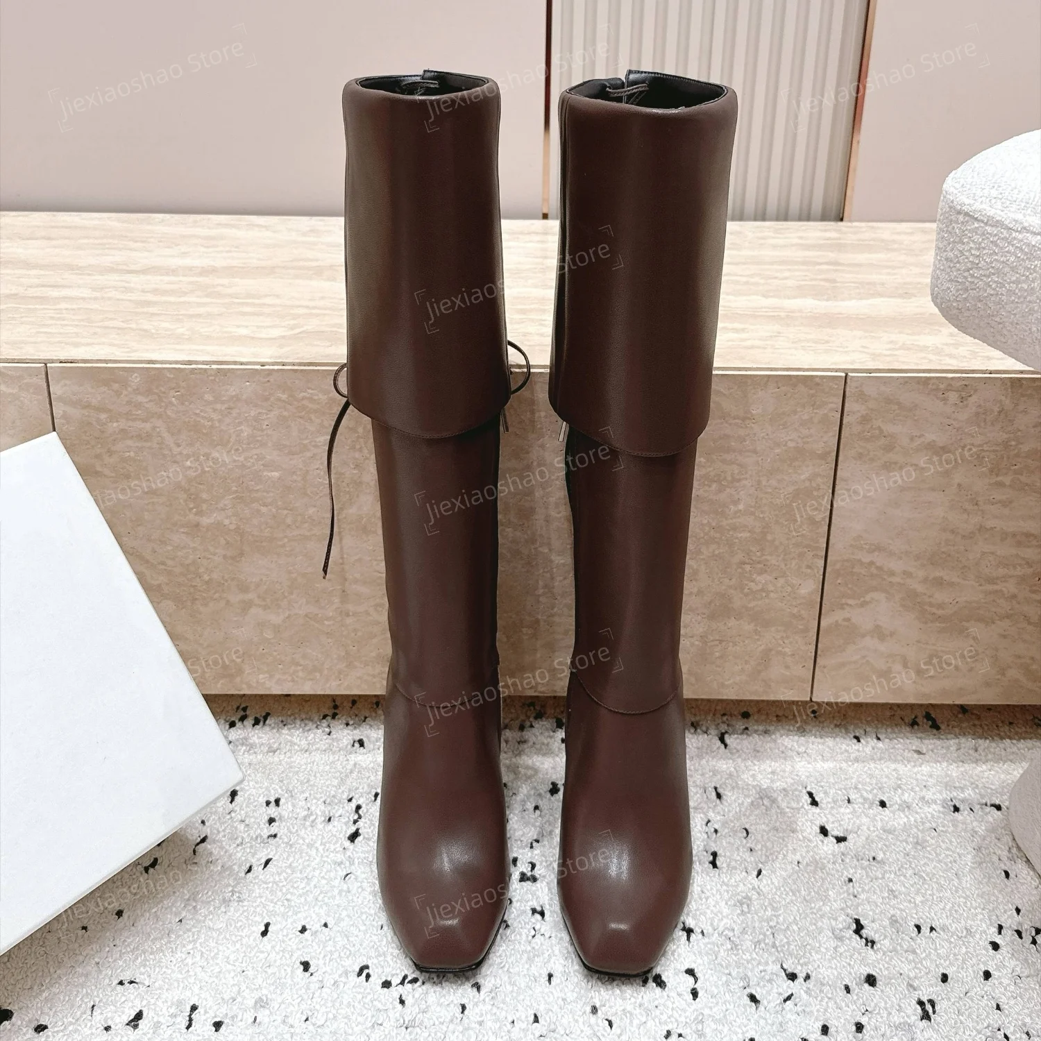 Handmade Desinger Genuine Leather Round-Toe Spike Heel Knee High Boots Woman Chelsea Boots Flower Pumps Knight Boots Boats Mujer