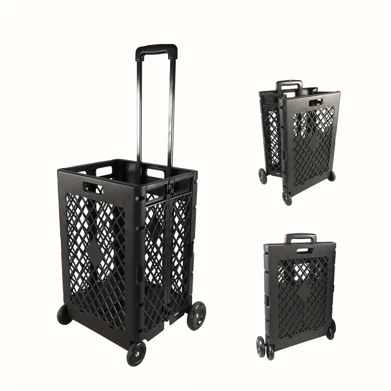 55L Collapsible Storage Cart with 4 Wheels - Portable, Foldable Plastic Trolley for Kitchen & Dining, Black