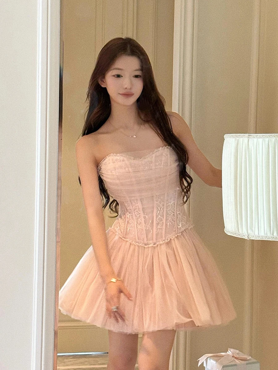 REDDACHiC Stitch Bloemen Kant Tube Top Rok Vrouwen Set Corset Tule Puffy Tutu Rok Fairycore Party Prom Cosplay Kostuum