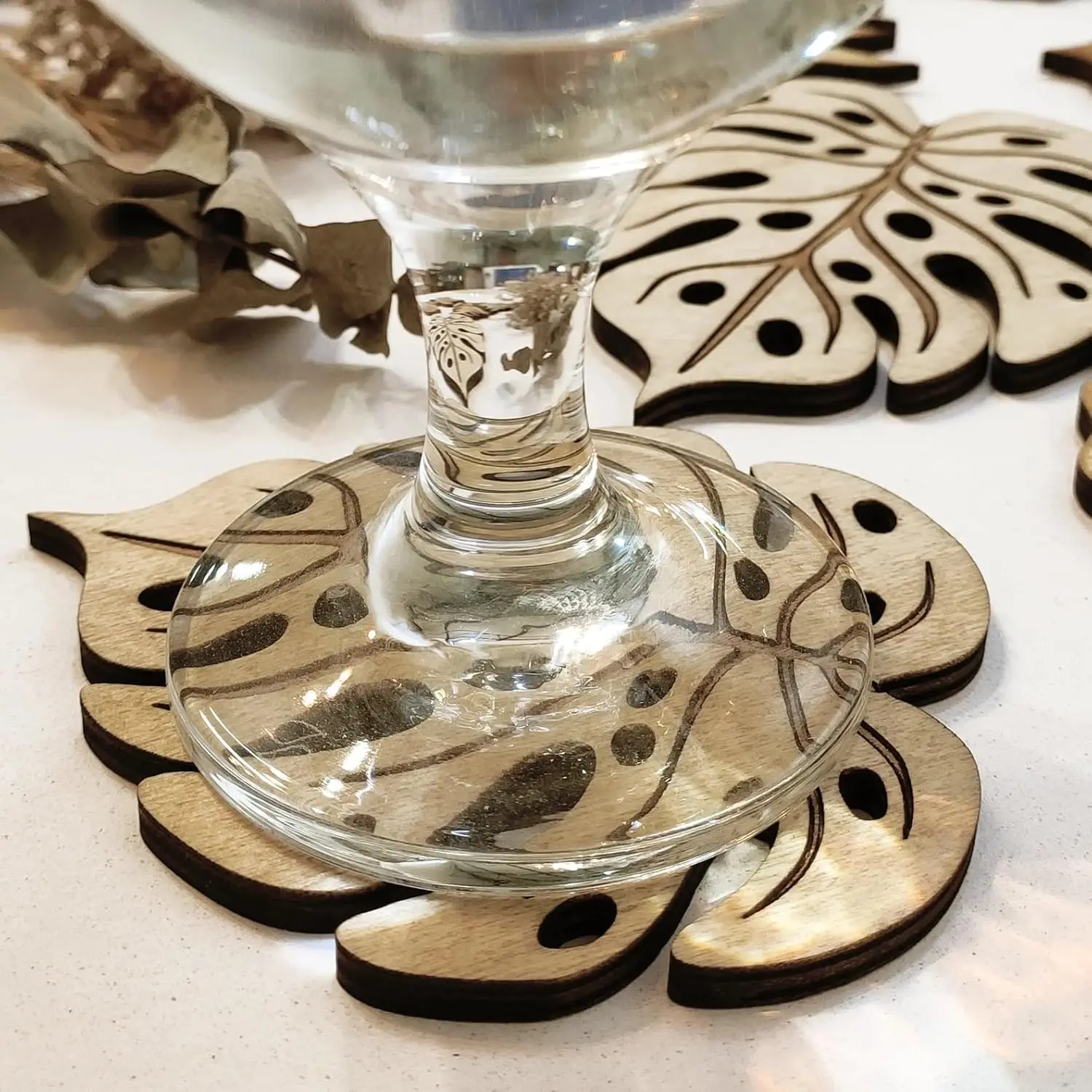 6 قطعة ورقة الرجعية على شكل 2D 4in قاعدة أكواب خشبية النبات الفن تصميم كوستر المشروبات المنزل المطبخ مناسبة مقهى الديكور هدية