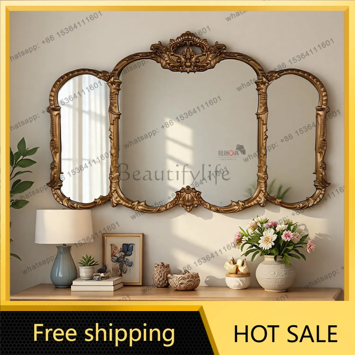 French retro makeup mirror, bathroom wall hanging European carved porch background wall three-sided decorative mirror